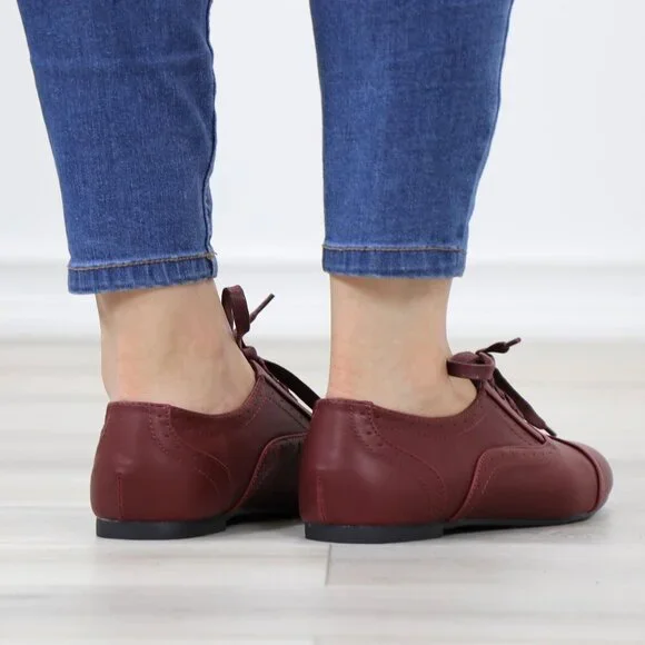 Wine Synthetic Leather Lace up Flat Heel Oxford Style Shoes - Picture 7 of 15